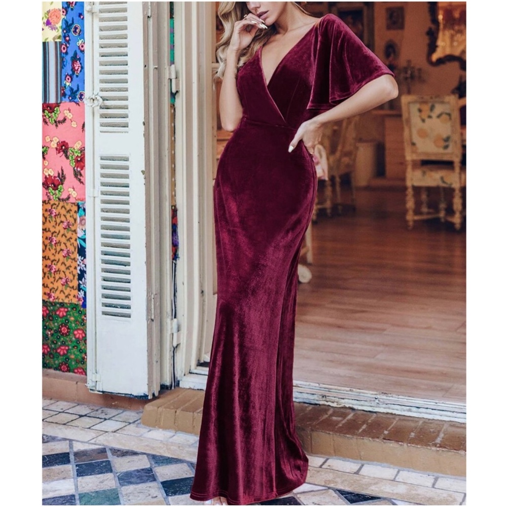 Velvet Off Shoulder formal party evening wedding prom Luxe dress - Picture 2 of 13